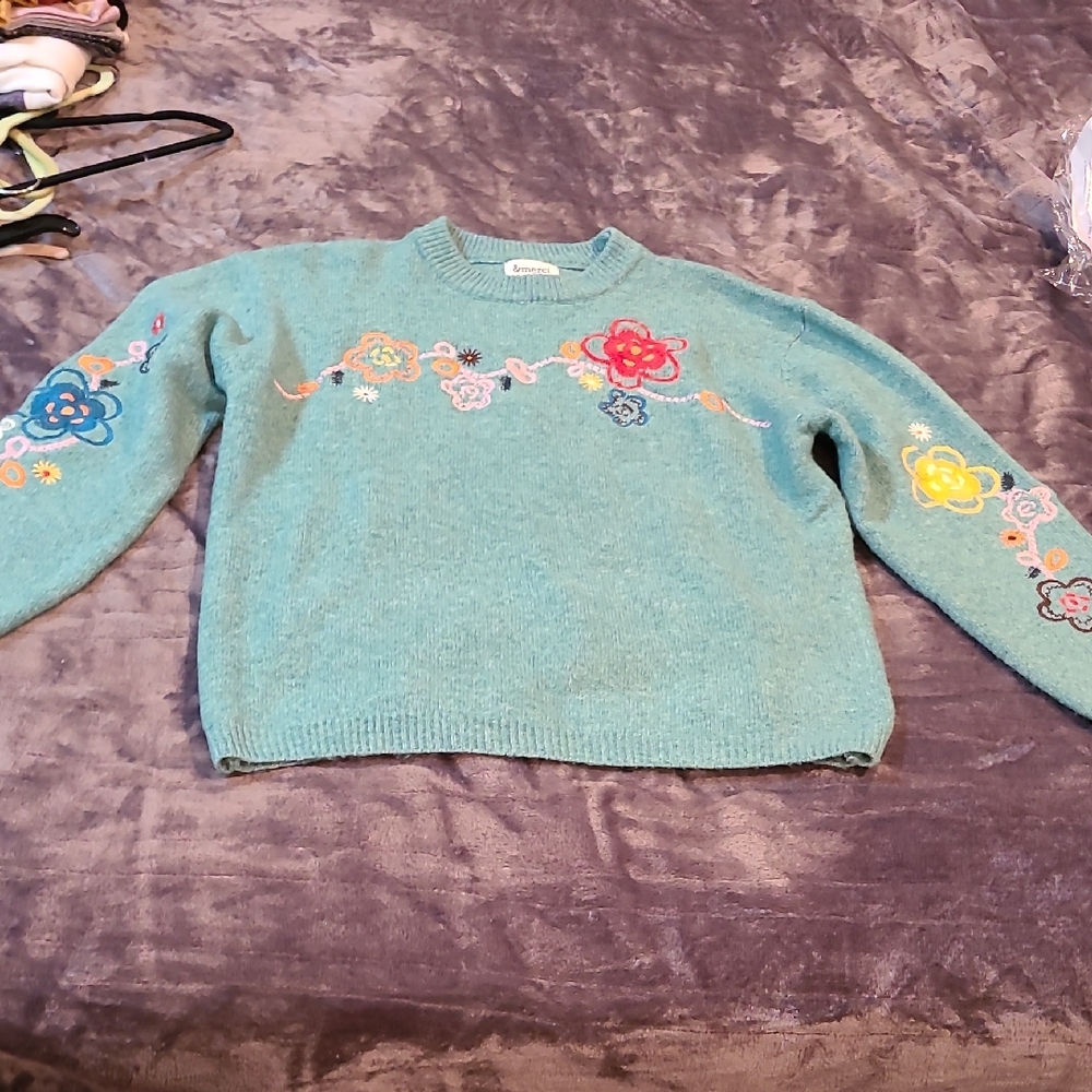 Embroidered Floral Aqua Crewneck Sweater
